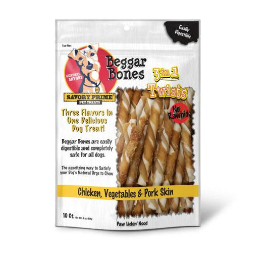 Savory Prime Beggar Bone 3in1 Twists Dog Treat (10ct) (4oz) - Dog Treats - The Family Pet