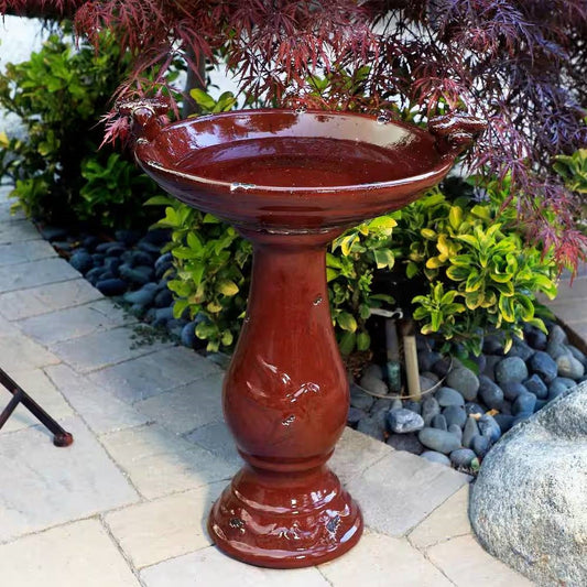 Bird Bath – Dark Red Ceramic Outdoor Basin in Antique Finish