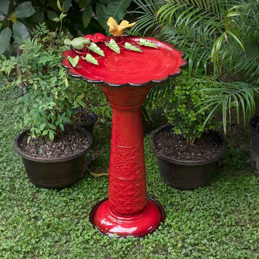 Bird Bath – Red Metal Garden Patio Bowl with Bird Figurines