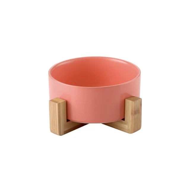 Ceramic Raised Cat Bowl w/ Wood Stand - Ameraeon