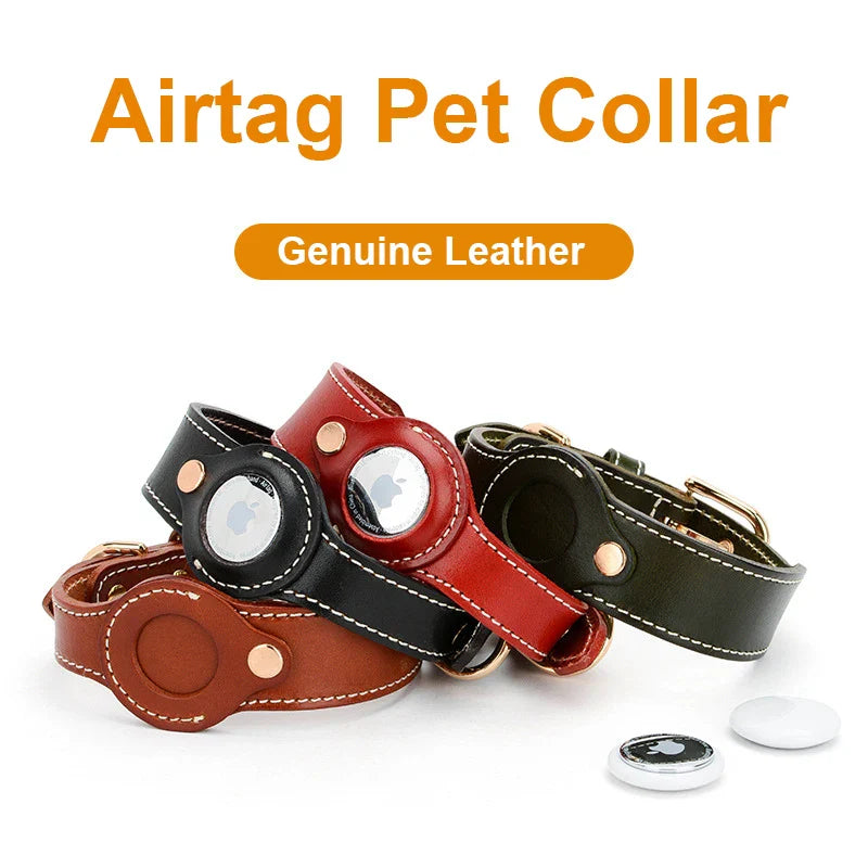 Premium Leather Dog Collar with AirTag Holder - Anti-Lost Pet Tracking