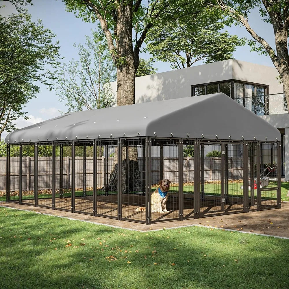 10x14ft Outdoor Dog Kennel - Spacious Double Door Run with Feeding Station - Tail chasers