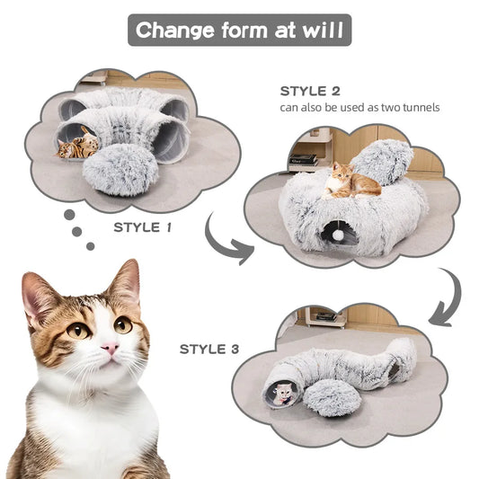 Winter Indoor Plush Cat Bed Tunnel - Play & Sleep Hide and Seek Integrated House