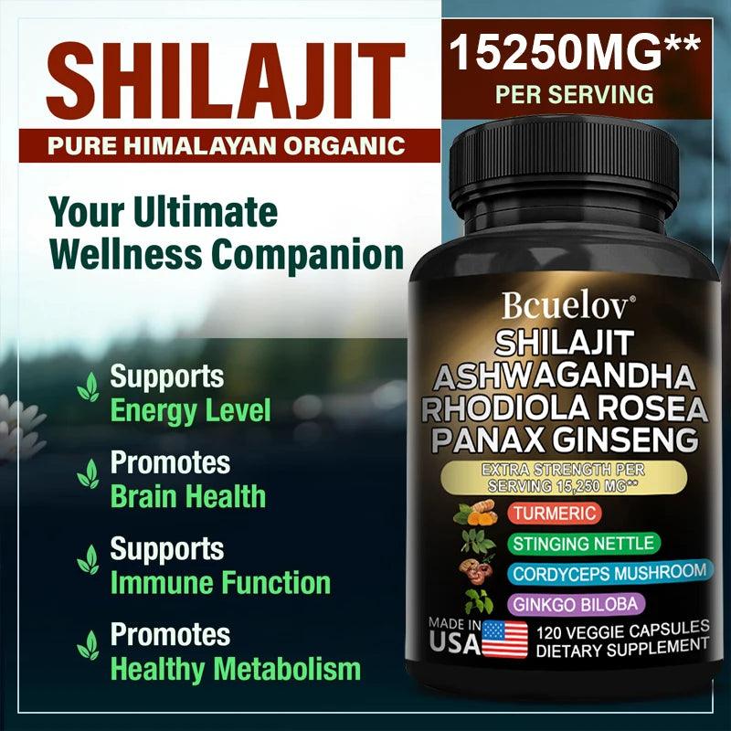 Shilajit Resin Himalaya Capsules - 15250 mg - Combination of Ashwagandha, Ginseng, Cordyceps, Ginkgo, Turmeric
