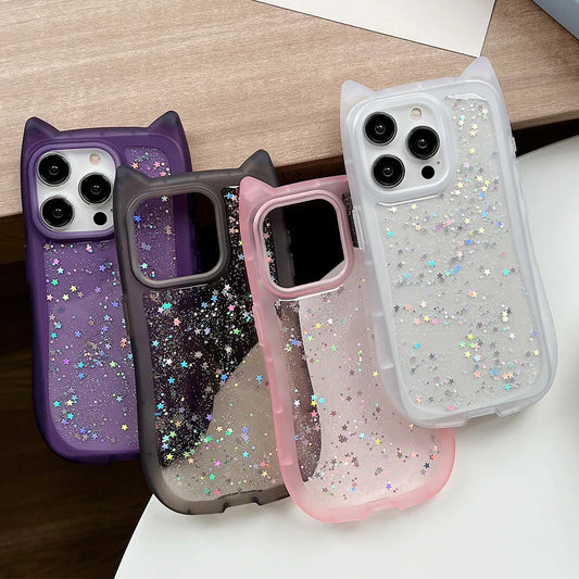 Cute Cartoon Cat Ear Glitter Sequins Transparent Case For