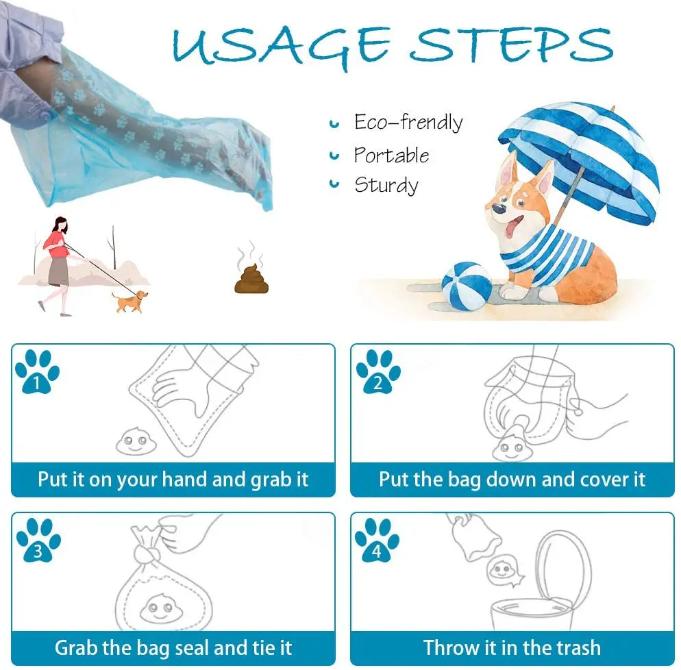 Pet Poop Bags Disposable Dog Perros Waste Bag Bulk Poop 5 Roll(75Pcs) Bags with Paw Prints Clean Pick Up Tools Pet Items - Purrfect Pet Kingdom