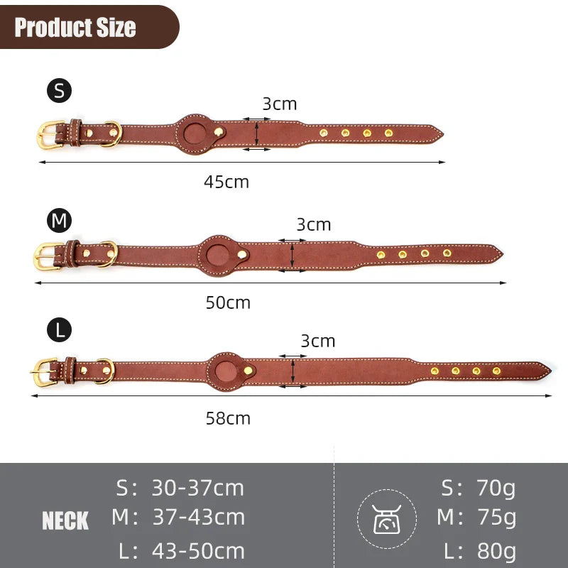 Premium Leather Dog Collar with AirTag Holder - Anti-Lost Pet Tracking