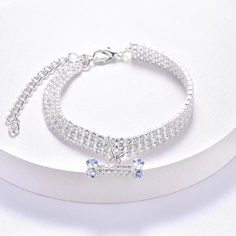 Crystal Rhinestone Dog Collar - Luxury Bone Pendant Pet Necklace