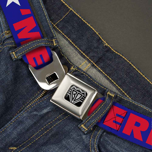 BD Wings Logo CLOSE - UP Full Color Black Silver Seatbelt Belt - 'MERICA/Star Blue/Red/White Webbing - Seatbelt Belts - Buckle - Down