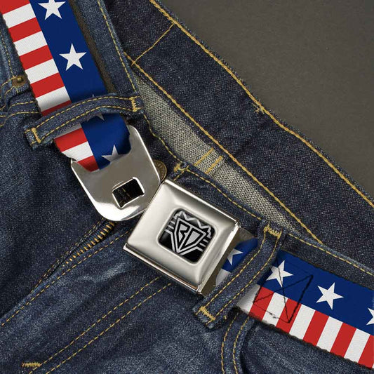 BD Wings Logo CLOSE - UP Full Color Black Silver Seatbelt Belt - Americana Stars & Stripes2 Blue/White/Red/White Webbing - Seatbelt Belts - Buckle - Down