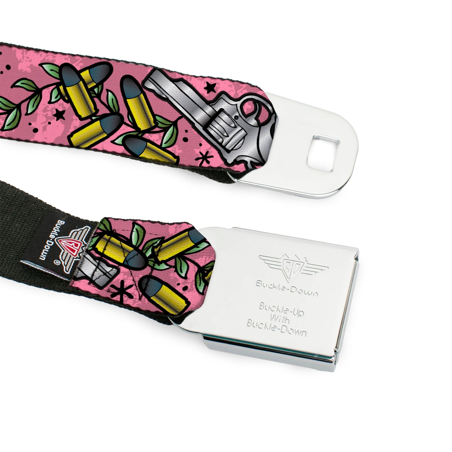 BD Wings Logo CLOSE - UP Full Color Black Silver Seatbelt Belt - Born to Raise Hell CLOSE - UP Pink Webbing - Seatbelt Belts - Buckle - Down
