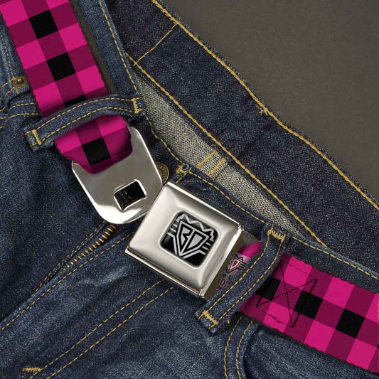 BD Wings Logo CLOSE - UP Full Color Black Silver Seatbelt Belt - Buffalo Plaid Black/Fuchsia Webbing - Seatbelt Belts - Buckle - Down