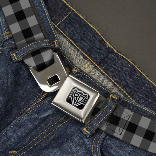 BD Wings Logo CLOSE - UP Full Color Black Silver Seatbelt Belt - Buffalo Plaid Black/Gray Webbing - Seatbelt Belts - Buckle - Down