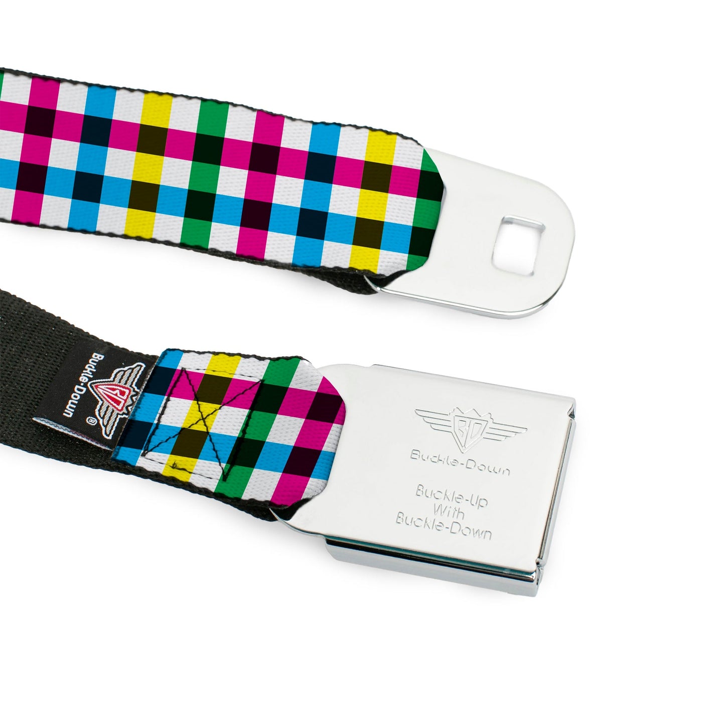 BD Wings Logo CLOSE - UP Full Color Black Silver Seatbelt Belt - Buffalo Plaid White/Multi Color Webbing - Seatbelt Belts - Buckle - Down