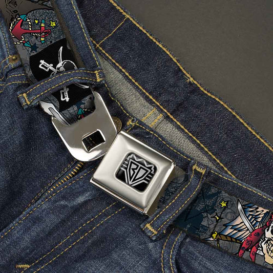 BD Wings Logo CLOSE - UP Full Color Black Silver Seatbelt Belt - Dead Men Tell No Tales Gray Webbing - Seatbelt Belts - Buckle - Down