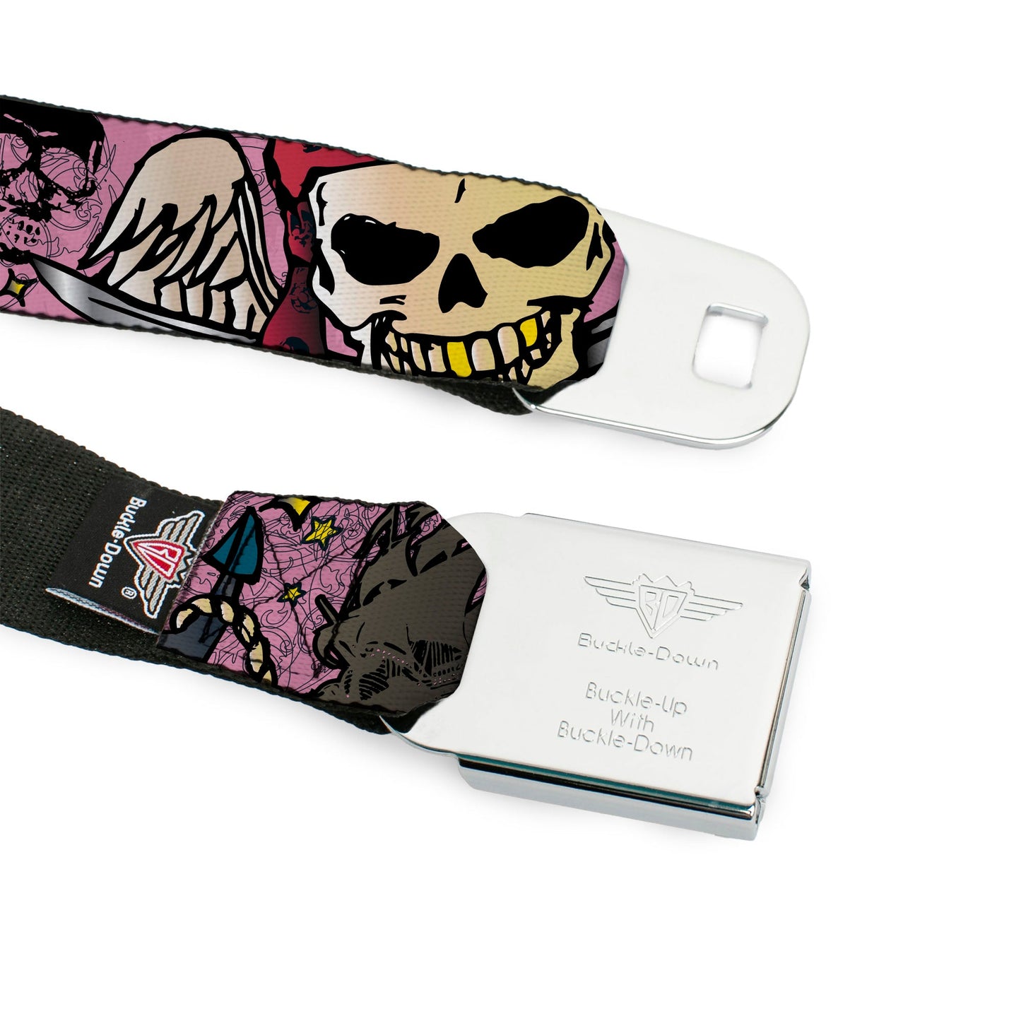BD Wings Logo CLOSE - UP Full Color Black Silver Seatbelt Belt - Dead Men Tell No Tales Pink Webbing - Seatbelt Belts - Buckle - Down