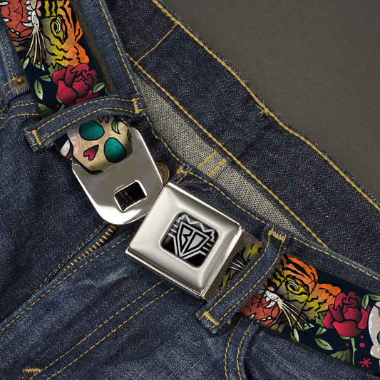 BD Wings Logo CLOSE - UP Full Color Black Silver Seatbelt Belt - Death Before Dishonor CLOSE - UP Black Webbing - Seatbelt Belts - Buckle - Down