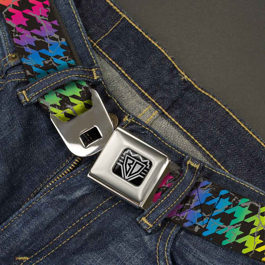 BD Wings Logo CLOSE - UP Full Color Black Silver Seatbelt Belt - Houndstooth Black/Rainbow Webbing - Seatbelt Belts - Buckle - Down