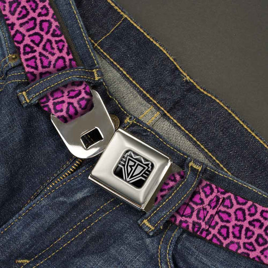 BD Wings Logo CLOSE - UP Full Color Black Silver Seatbelt Belt - Leopard Pink Fuchsia Webbing - Seatbelt Belts - Buckle - Down