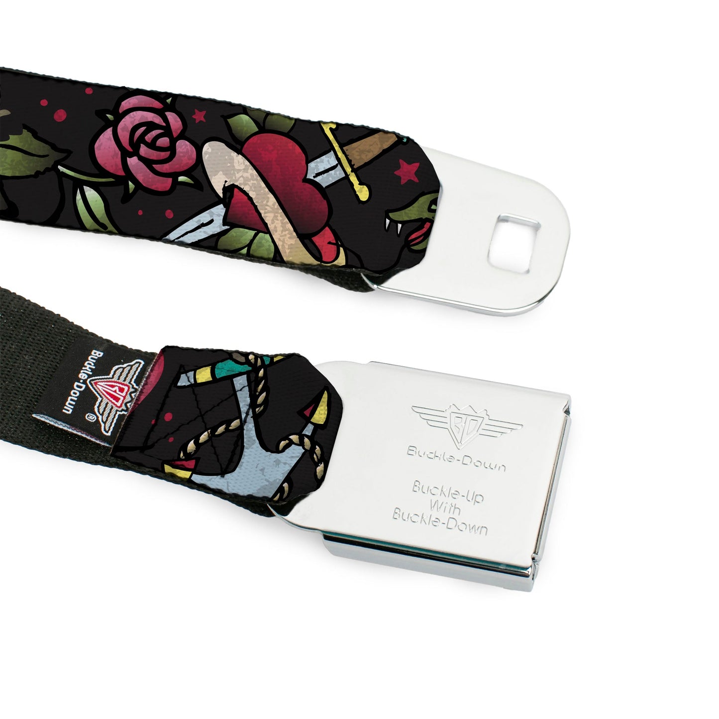 BD Wings Logo CLOSE - UP Full Color Black Silver Seatbelt Belt - Live Hard Die Young CLOSE - UP Black Webbing - Seatbelt Belts - Buckle - Down