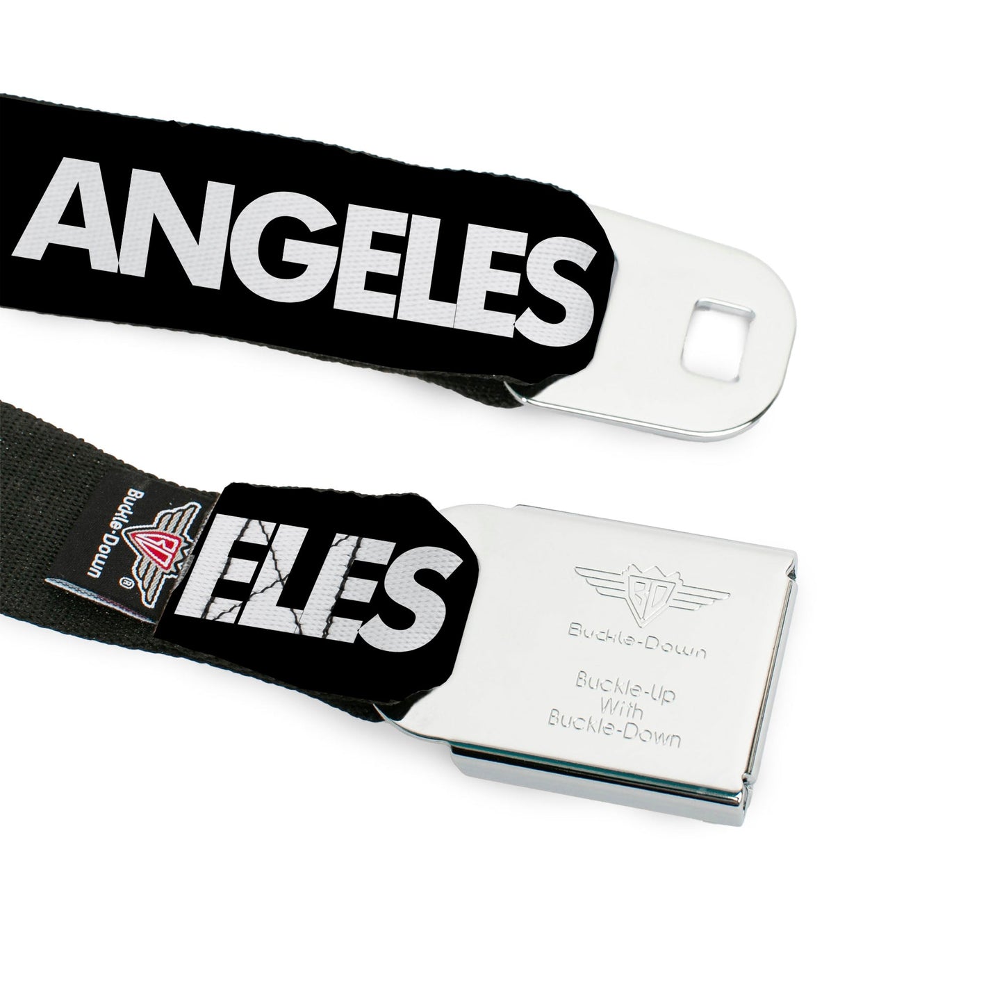 BD Wings Logo CLOSE - UP Full Color Black Silver Seatbelt Belt - LOS F*CKIN' ANGELES Heart Black/White/Red Webbing - Seatbelt Belts - Buckle - Down