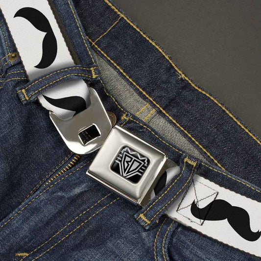 BD Wings Logo CLOSE - UP Full Color Black Silver Seatbelt Belt - Mustaches Straight White/Black Webbing - Seatbelt Belts - Buckle - Down