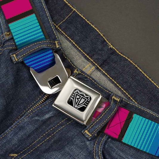 BD Wings Logo CLOSE - UP Full Color Black Silver Seatbelt Belt - Zarape7 Vertical Pinks/Blues/Greens/Black Webbing - Seatbelt Belts - Buckle - Down