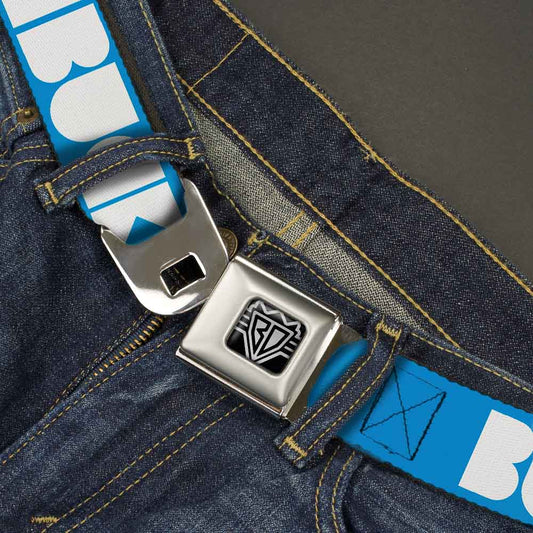 BD Wings Logo CLOSE - UP Full Color Black Silver Seatbelt Belt - BUCKLE - DOWN Shapes Turquoise/White Webbing - Seatbelt Belts - Buckle - Down