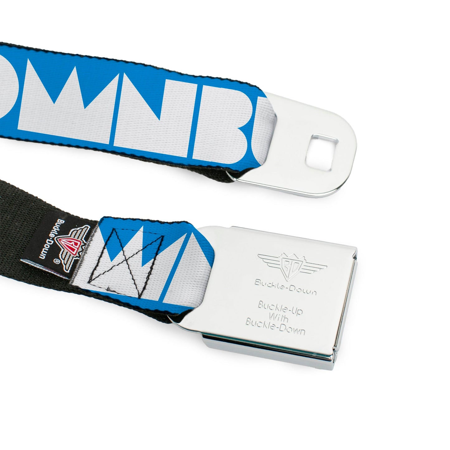 BD Wings Logo CLOSE - UP Full Color Black Silver Seatbelt Belt - BUCKLE - DOWN Shapes Turquoise/White Webbing - Seatbelt Belts - Buckle - Down