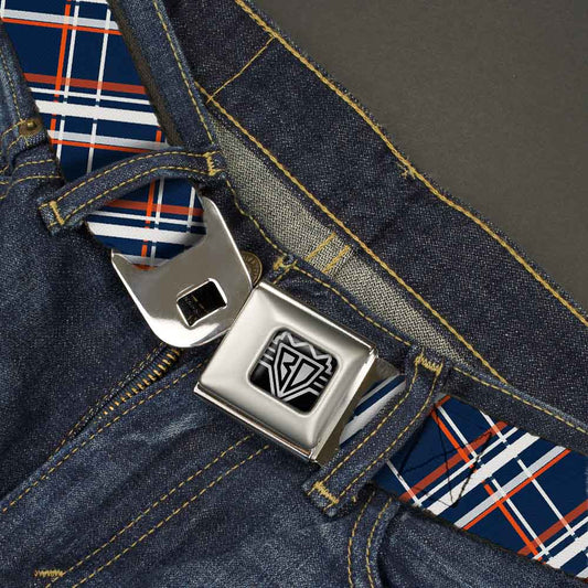 BD Wings Logo CLOSE - UP Full Color Black Silver Seatbelt Belt - Plaid X2 Navy/White/Orange Webbing - Seatbelt Belts - Buckle - Down