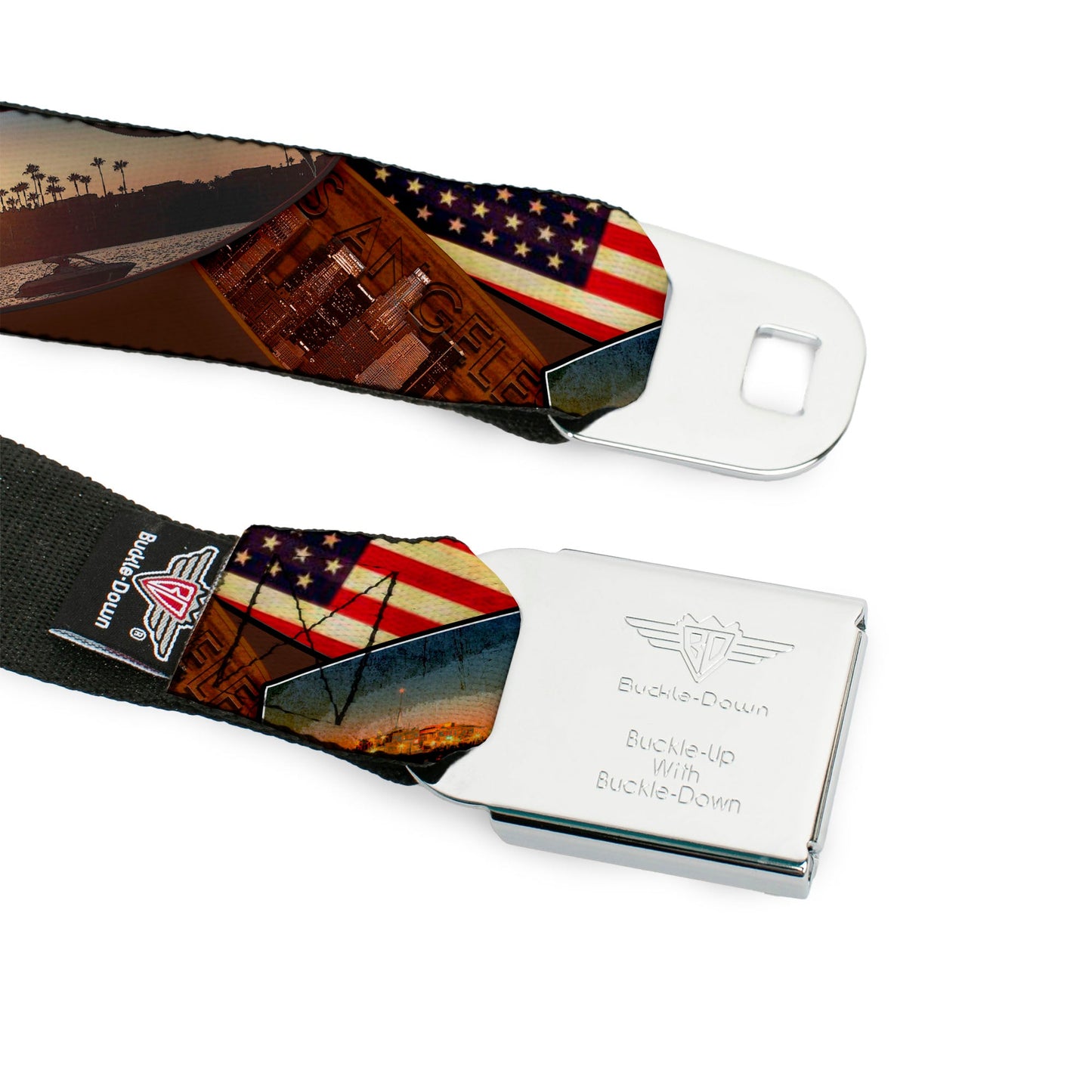 BD Wings Logo CLOSE - UP Full Color Black Silver Seatbelt Belt - Surfboard Cali Scenes/US Flag Stacked Brown Webbing - Seatbelt Belts - Buckle - Down