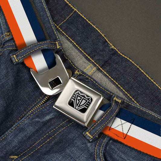 BD Wings Logo CLOSE - UP Full Color Black Silver Seatbelt Belt - Stripe Navy/White/Orange Webbing - Seatbelt Belts - Buckle - Down