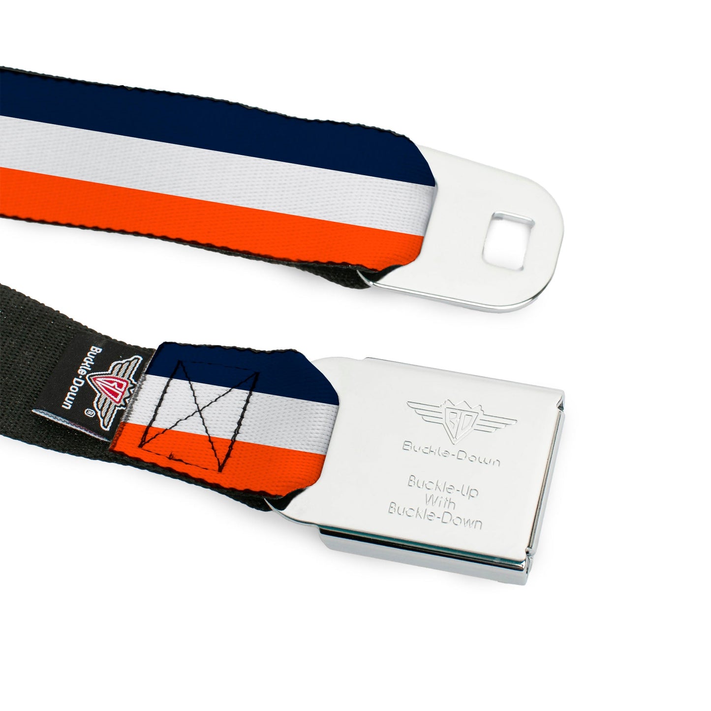 BD Wings Logo CLOSE - UP Full Color Black Silver Seatbelt Belt - Stripe Navy/White/Orange Webbing - Seatbelt Belts - Buckle - Down