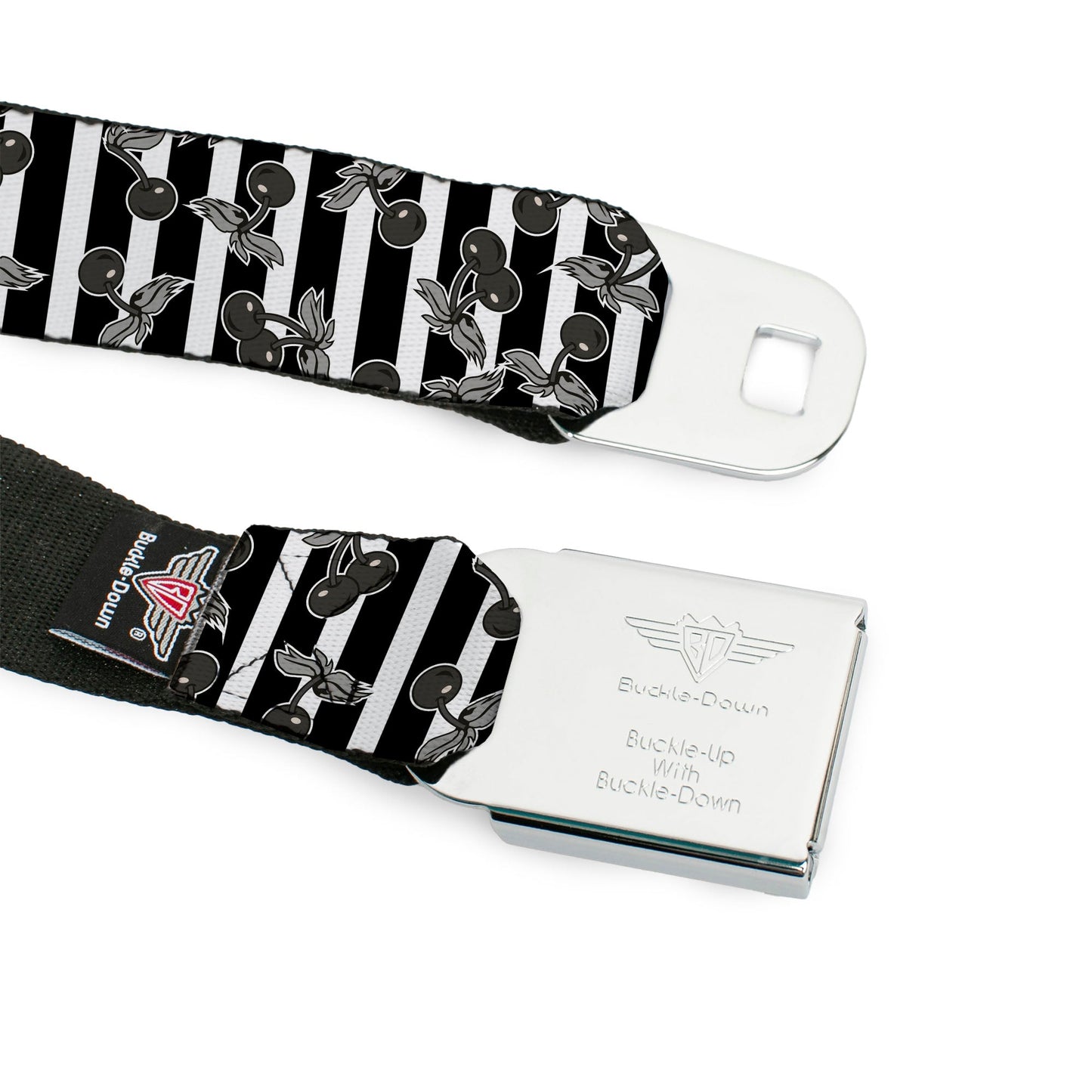 BD Wings Logo CLOSE - UP Full Color Black Silver Seatbelt Belt - Cherries Scattered/Vertical Stripe White/Black/Grays Webbing - Seatbelt Belts - Buckle - Down