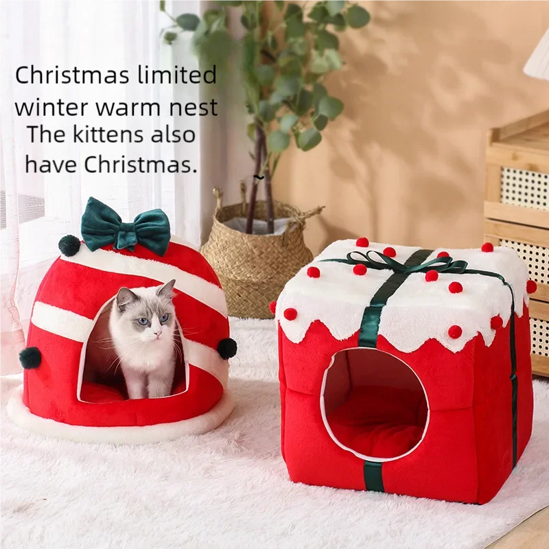 Winter Closed Cat Nest - Christmas Gift Box Sleeping House for Festive Pets