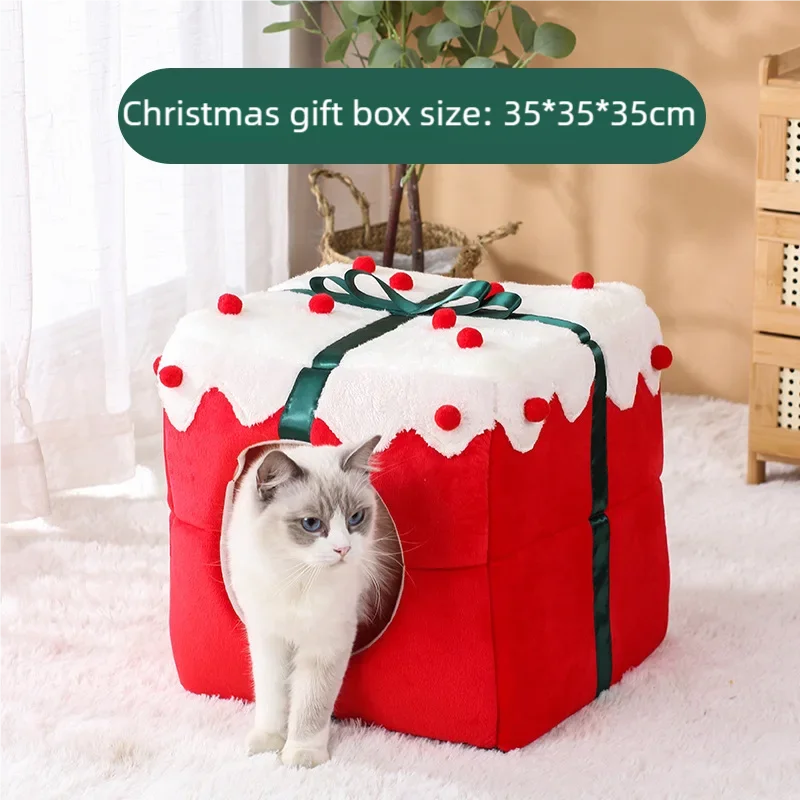 Winter Closed Cat Nest - Christmas Gift Box Sleeping House for Festive Pets