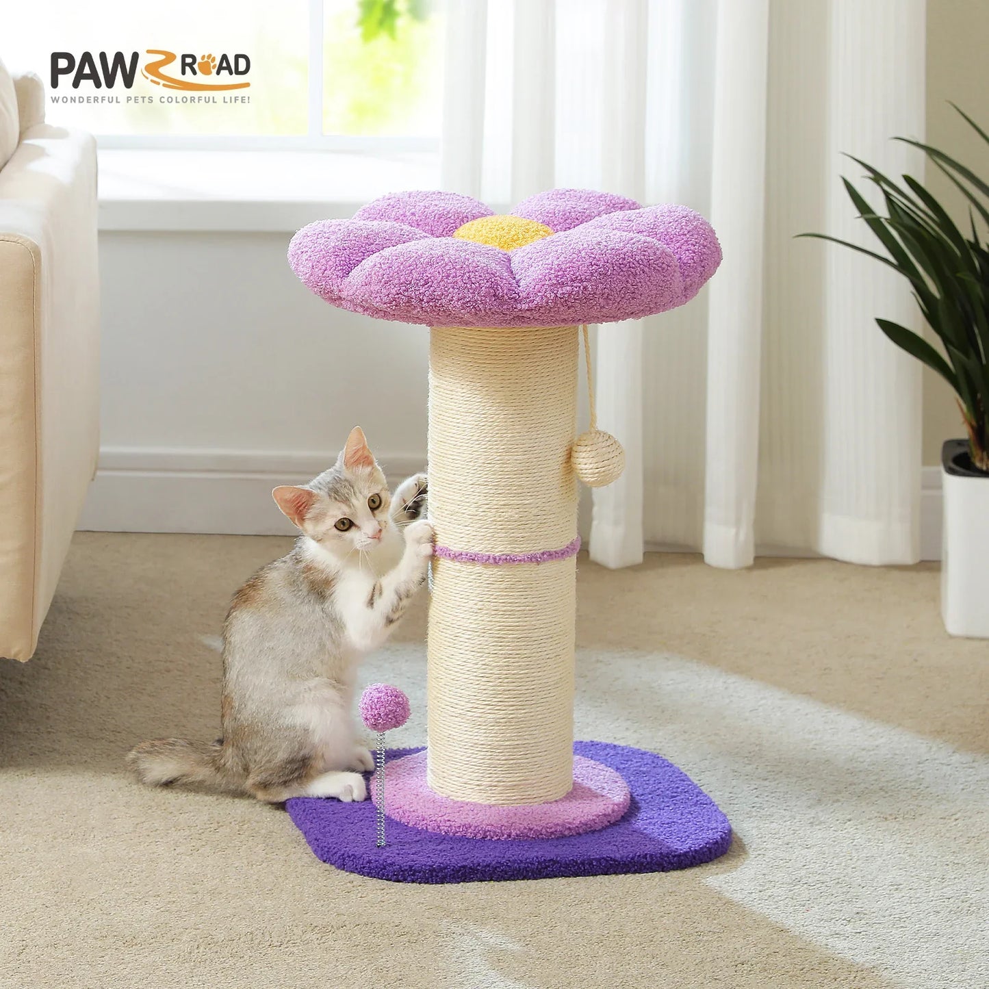 Pink Flower Cat Tree - Sisal Scratching Post with Perch
