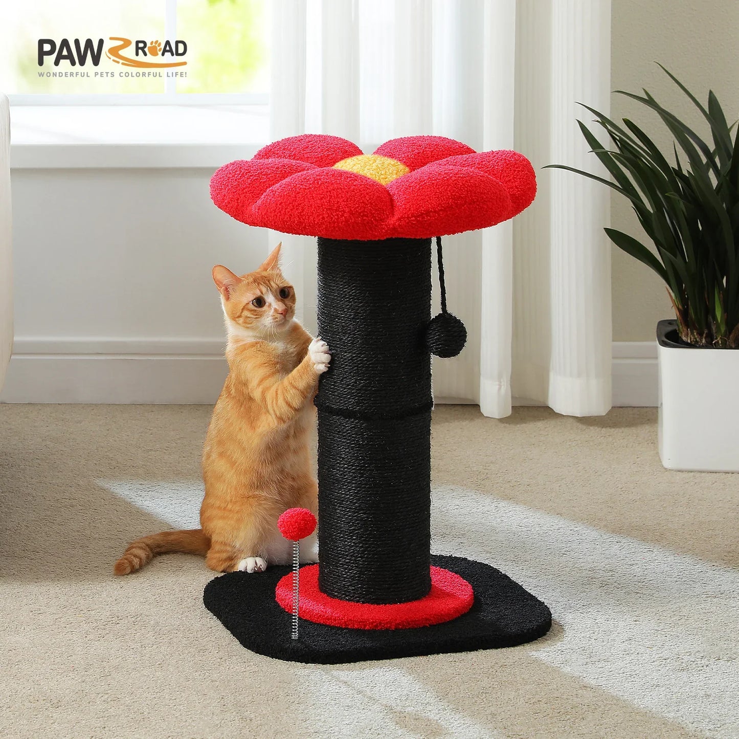 Pink Flower Cat Tree - Sisal Scratching Post with Perch