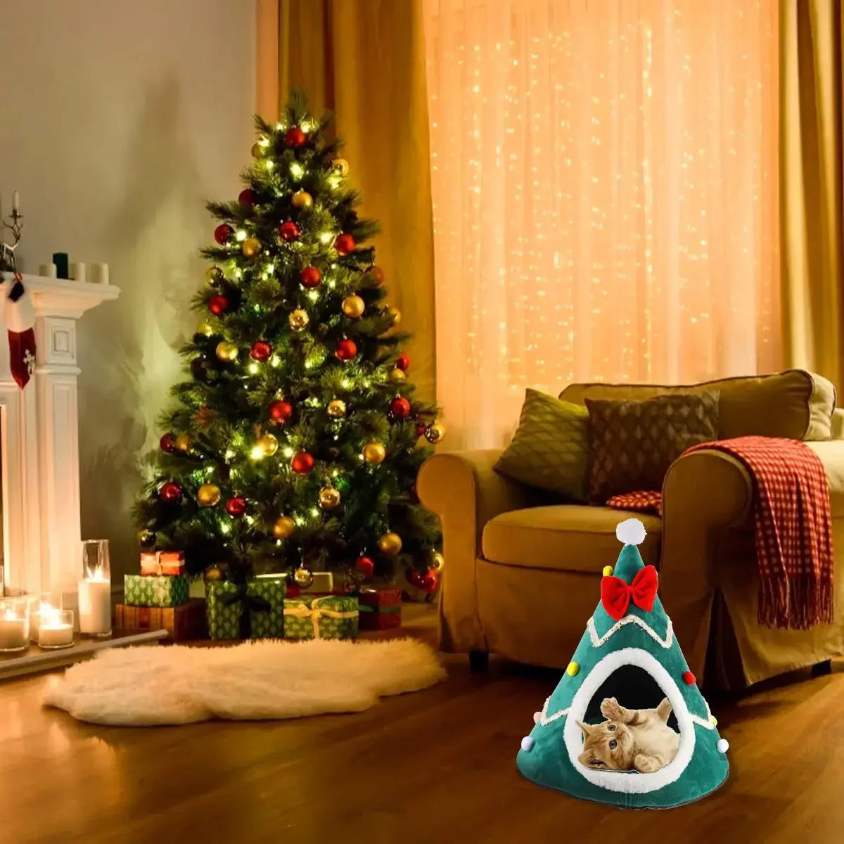 Christmas Cozy Cat House - Winter Warm Basket for Small Dogs Puppy Mat