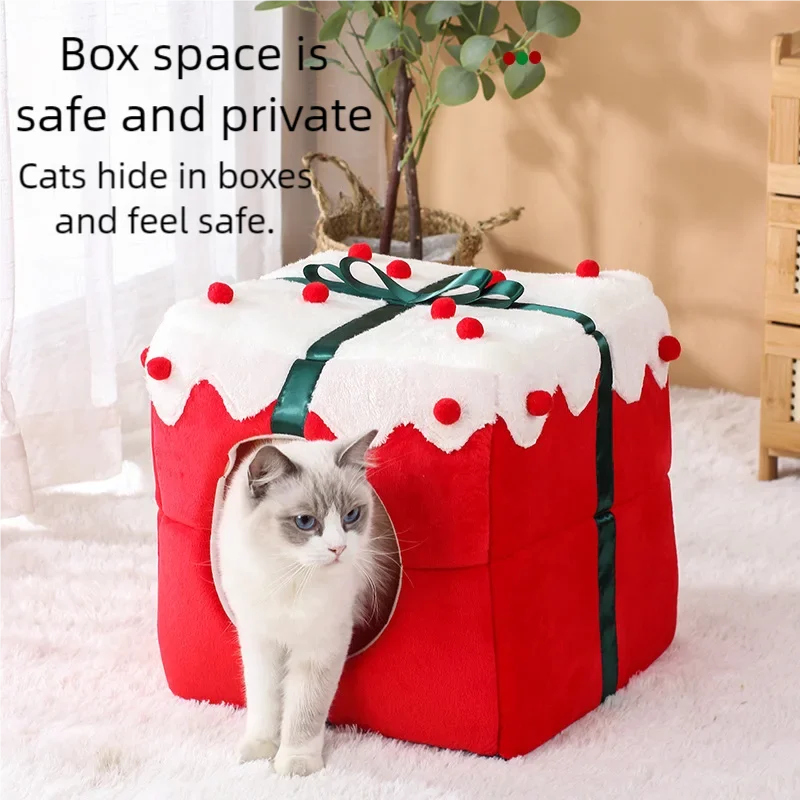 Winter Closed Cat Nest - Christmas Gift Box Sleeping House for Festive Pets