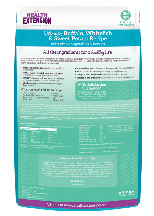 Health Extension All Life Stages Grain Free Little Bites Buffalo, Whitefish and Sweet Potato Dog Food - Health Extension Dry Dog Food - The Family Pet