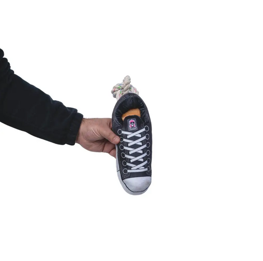 Squeaky Comfort Plush Sneaker Dog Toy â with Treat Compartment, Safe & Durable â Black - Purrfect Pet Kingdom