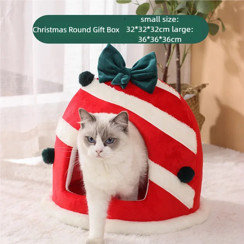 Winter Closed Cat Nest - Christmas Gift Box Sleeping House for Festive Pets