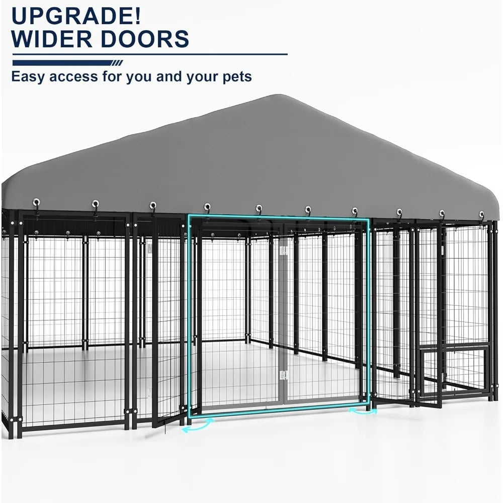 10x14ft Outdoor Dog Kennel - Spacious Double Door Run with Feeding Station - Tail chasers