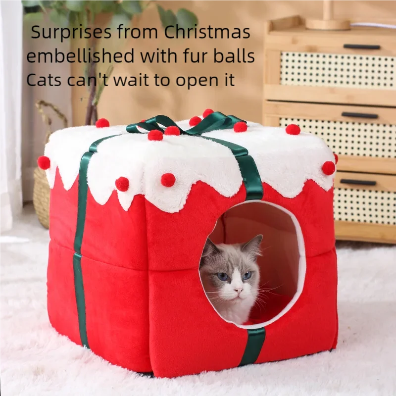 Winter Closed Cat Nest - Christmas Gift Box Sleeping House for Festive Pets