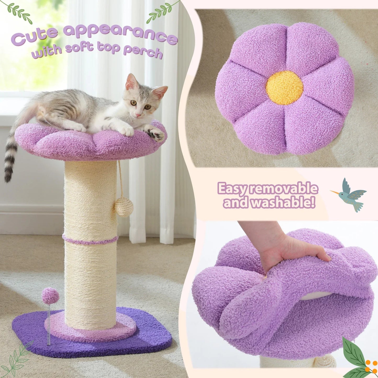 Pink Flower Cat Tree - Sisal Scratching Post with Perch