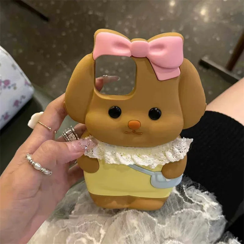 Silicone Cartoon Pink Bow Dog Suitable For Iphone 16 15 Pro