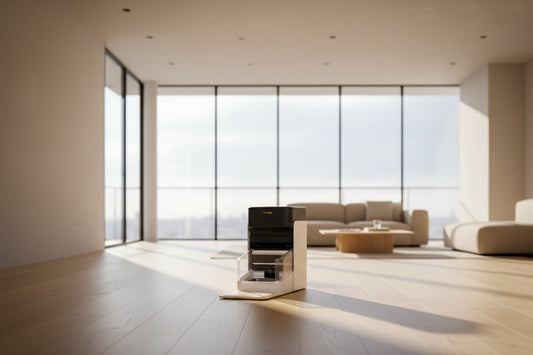 Modern coffee machine on a kitchen counter with a blurred background