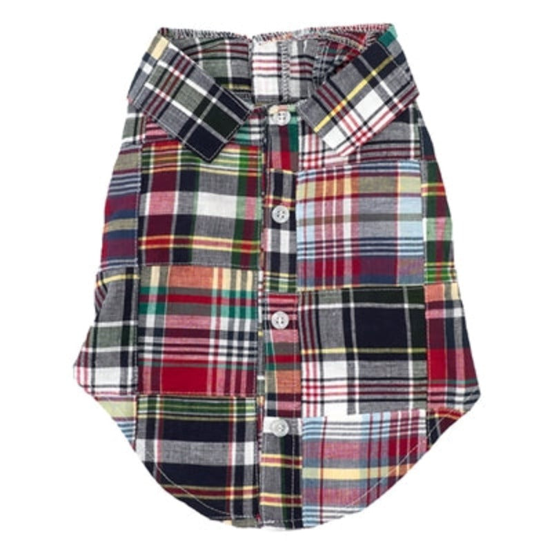 Navy Multi Patch Madras Collared Dog Shirt