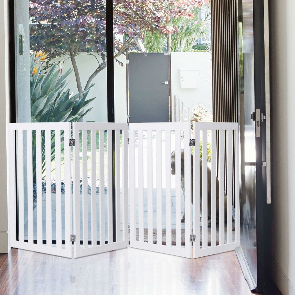 Folding 4 - Panel Dog Gate Pet Fence in White Wood Finish - Bedroom > Cat and Dog Beds - HomePacific